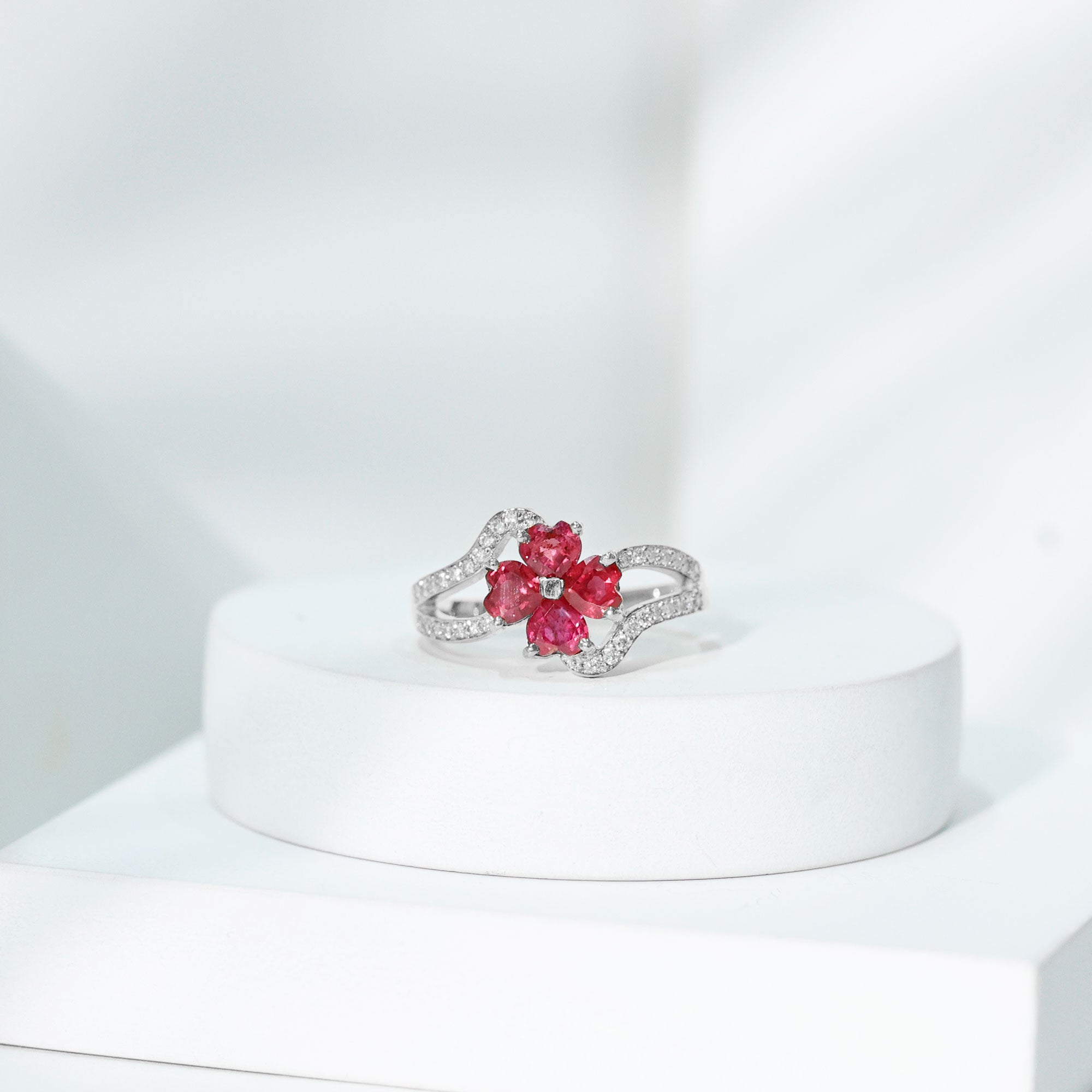 2 CT Heart Ruby Floral Engagement Ring with Split Shank Diamond