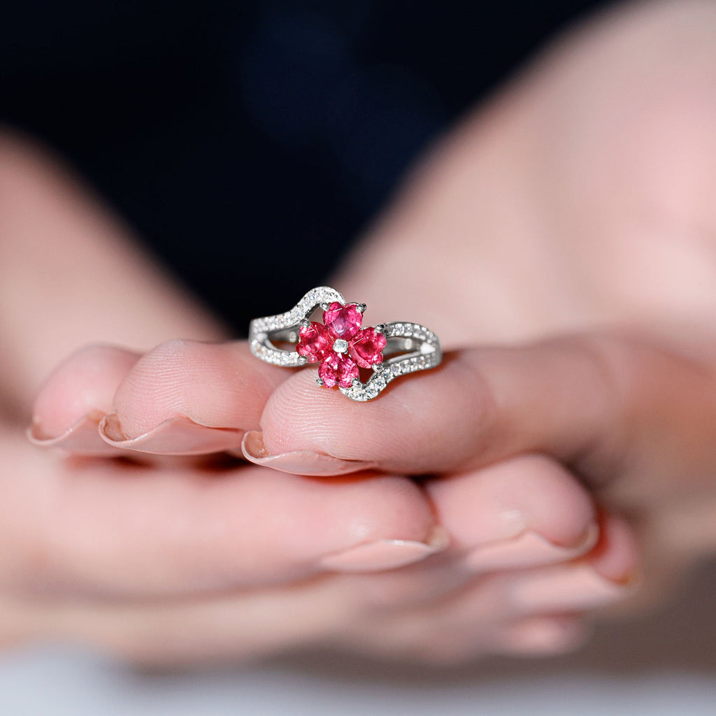 2 CT Heart Ruby Floral Engagement Ring with Split Shank Diamond