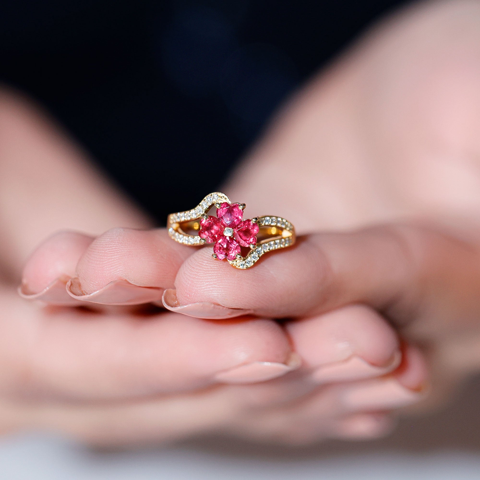 2 CT Heart Ruby Floral Engagement Ring with Split Shank Diamond