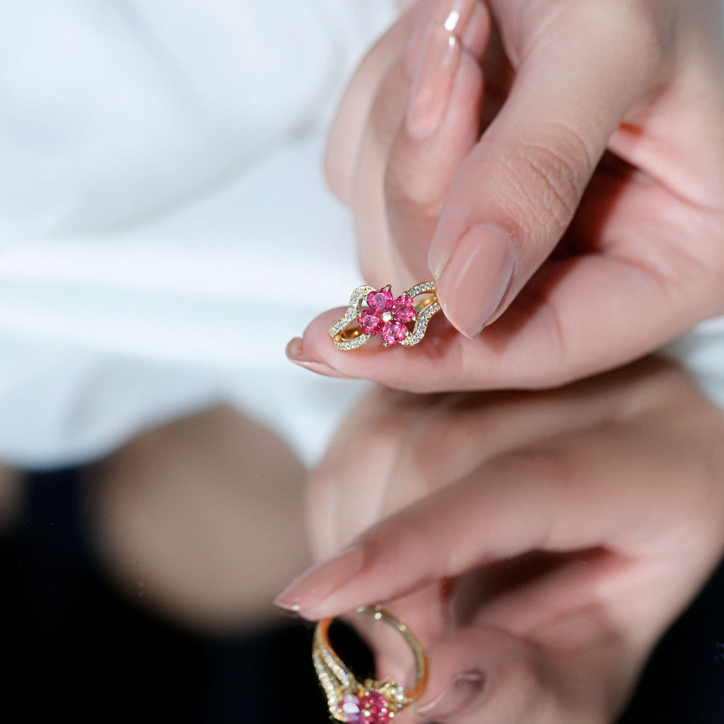 2 CT Heart Ruby Floral Engagement Ring with Split Shank Diamond