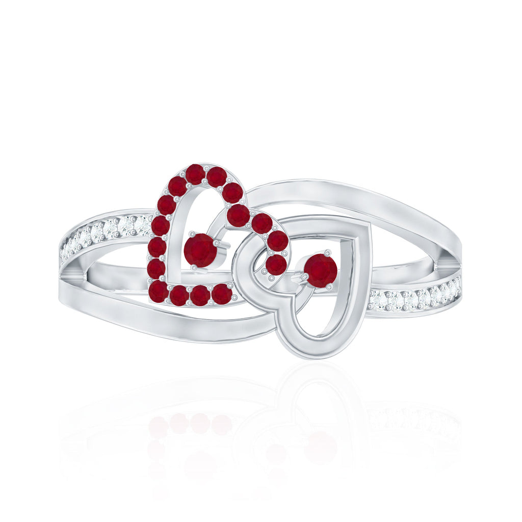 0.25 CT Interlock Heart Ring with Ruby and Moissanite in Gold