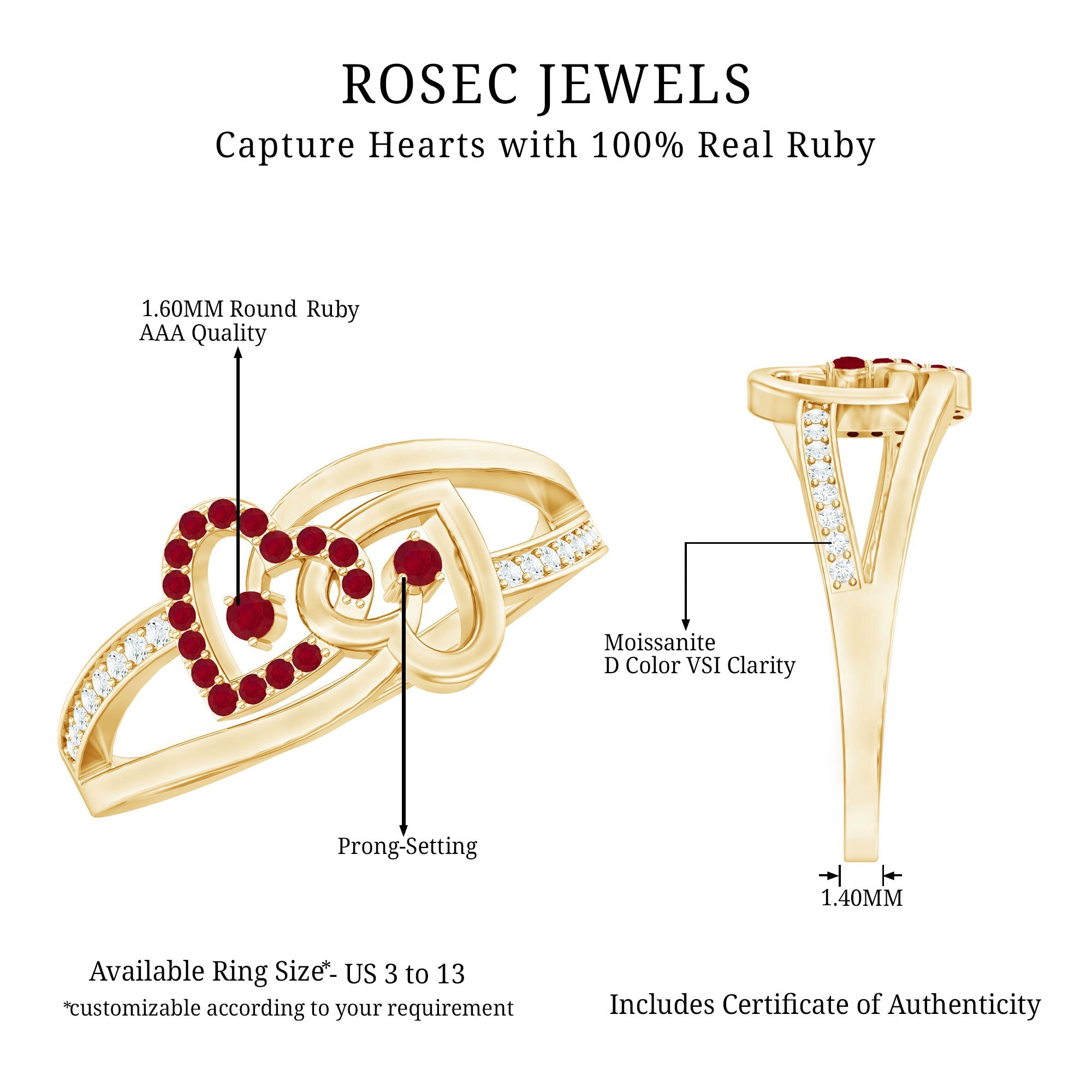 0.25 CT Interlock Heart Ring with Ruby and Moissanite in Gold