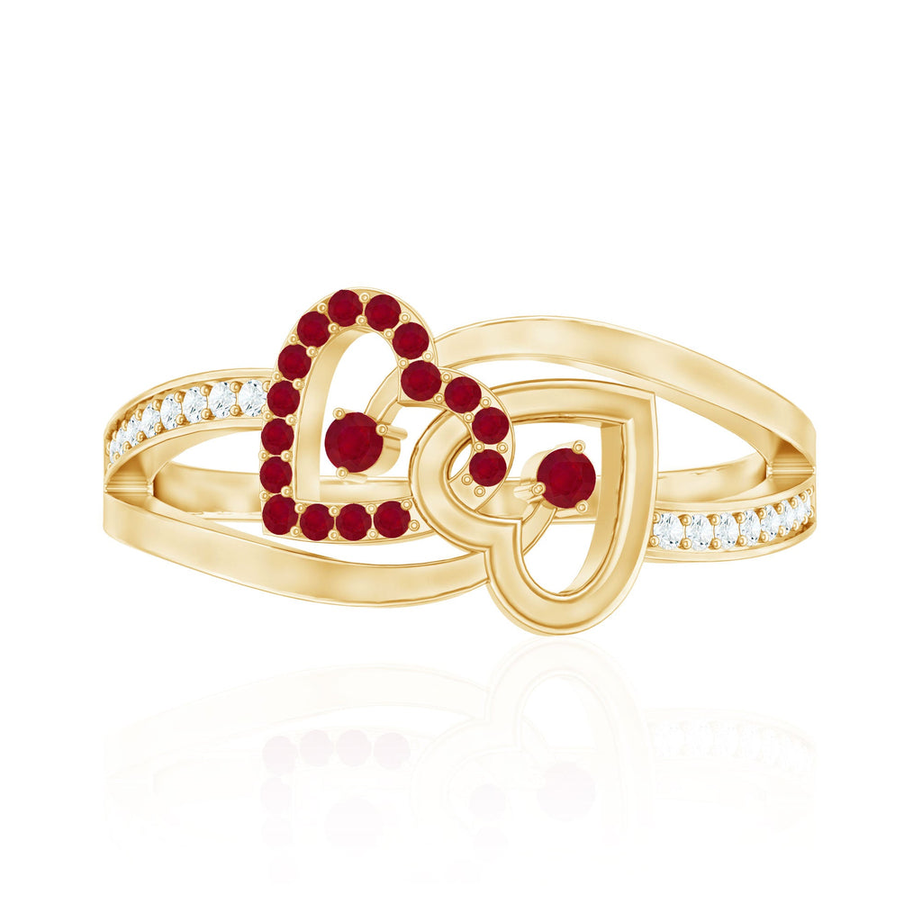 0.25 CT Interlock Heart Ring with Ruby and Moissanite in Gold