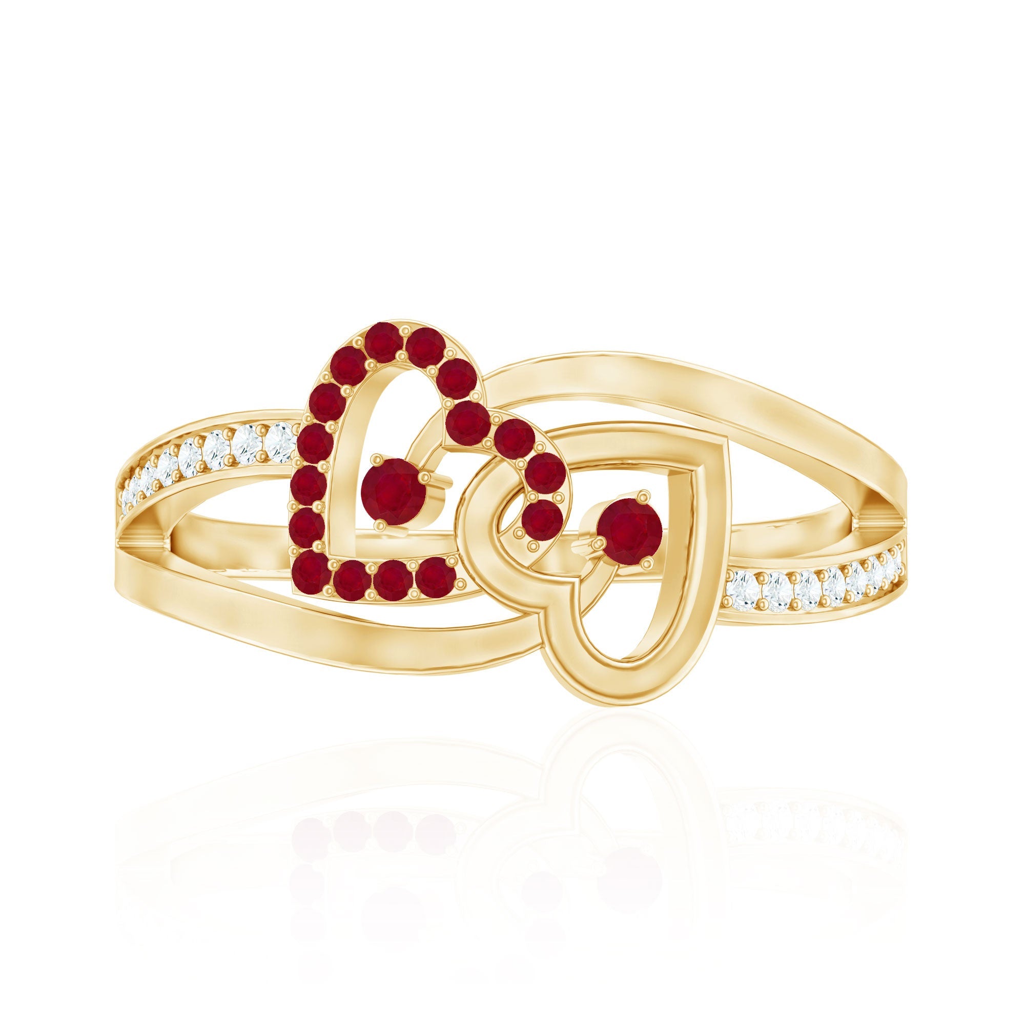 0.25 CT Interlock Heart Ring with Ruby and Moissanite in Gold