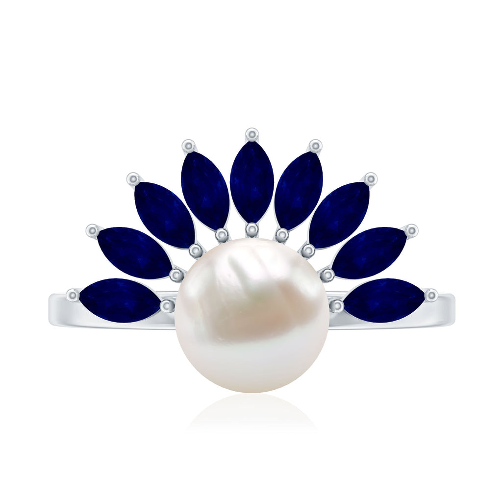 Freshwater Cultured Pearl Floral Inspired Cocktail Ring with Blue Sapphire