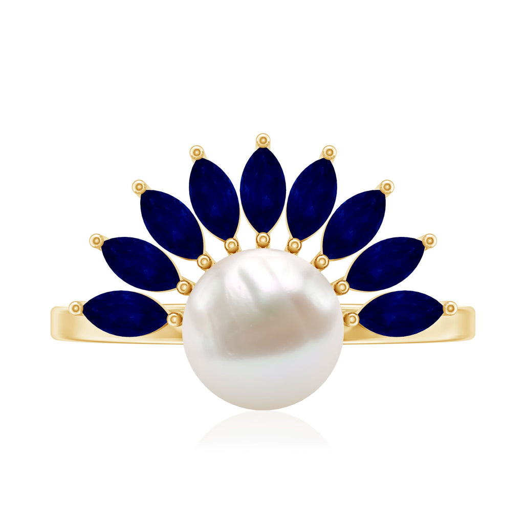 Freshwater Cultured Pearl Floral Inspired Cocktail Ring with Blue Sapphire