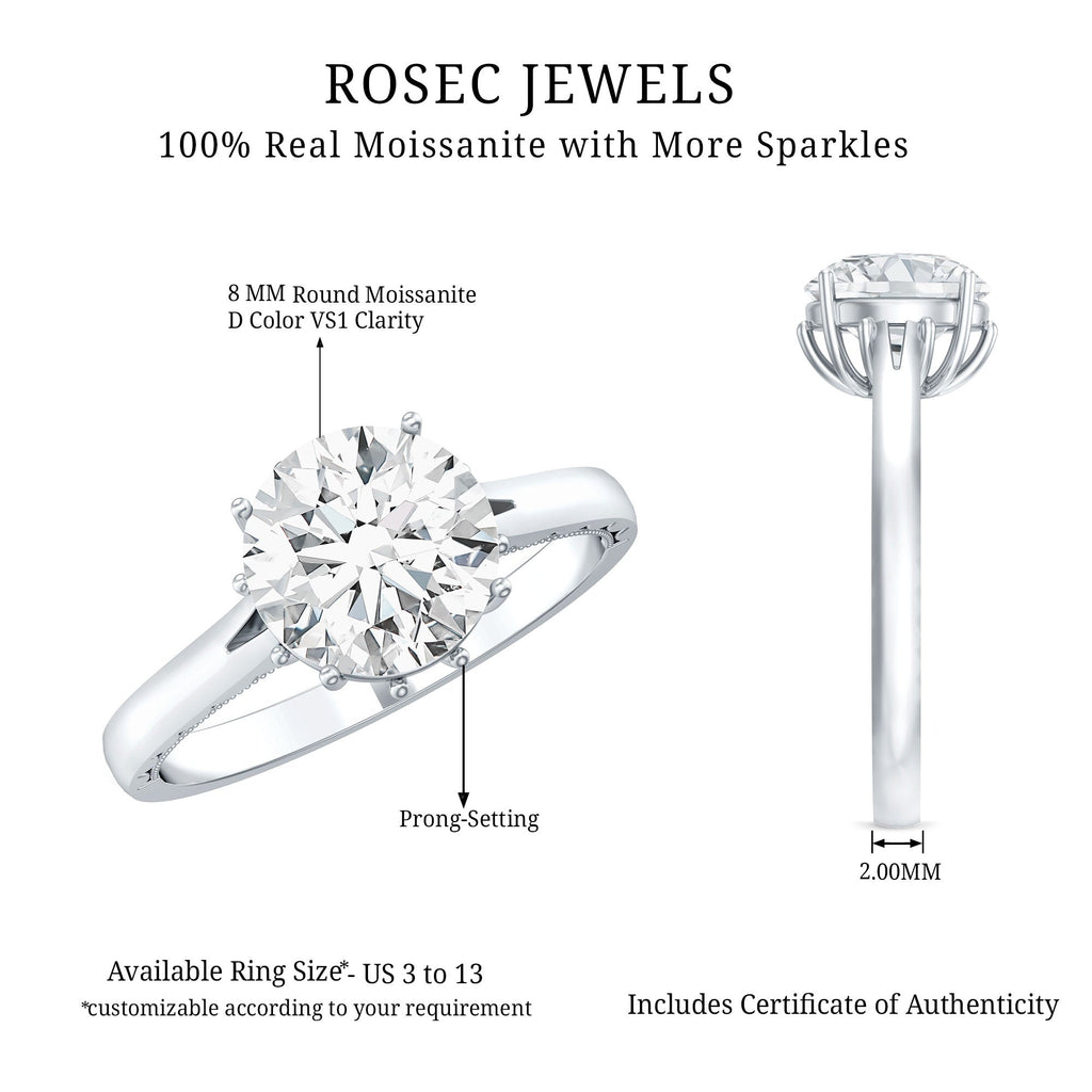 8 MM Round Cut Moissanite Engagement Ring with Milgrain Detailing