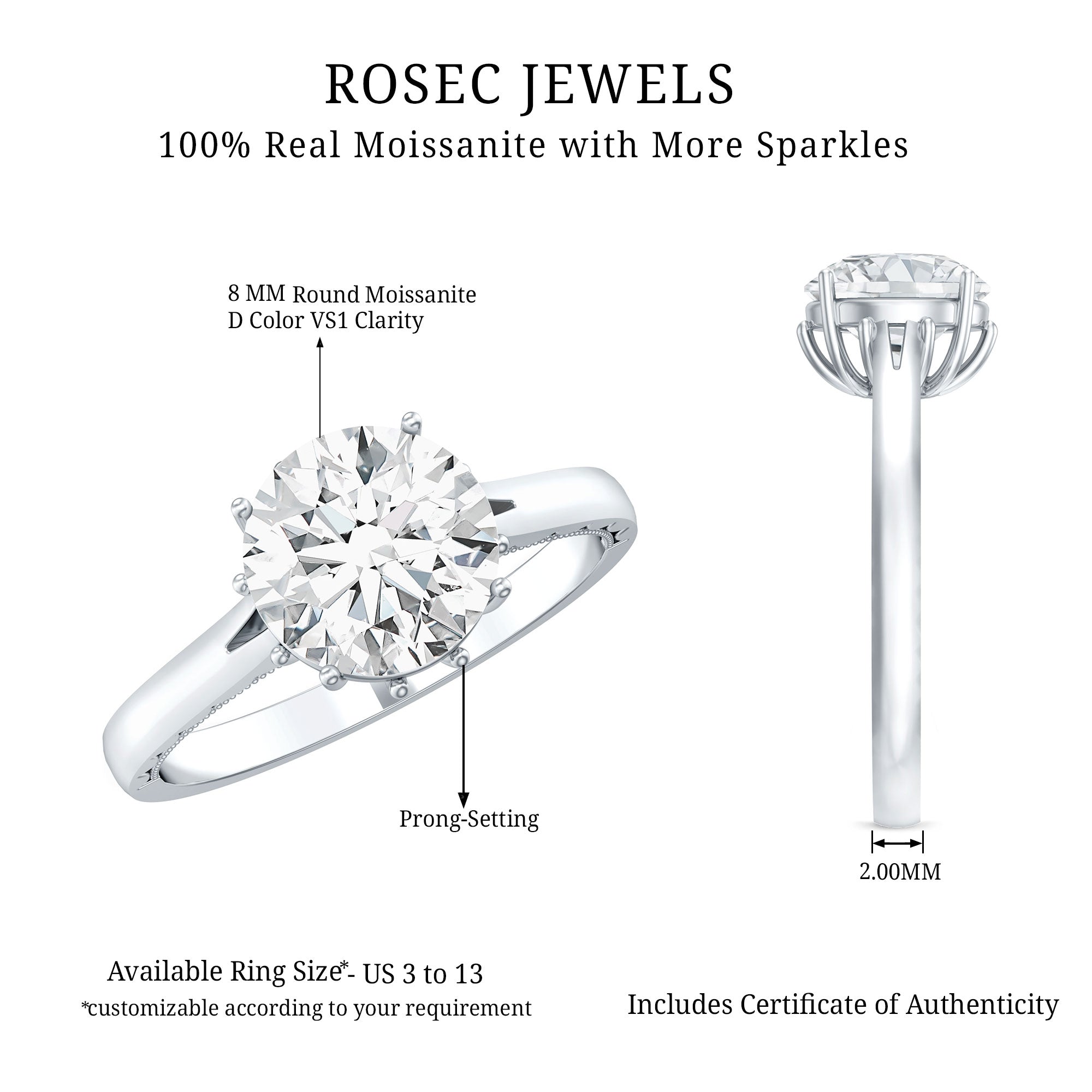 8 MM Round Cut Moissanite Engagement Ring with Milgrain Detailing