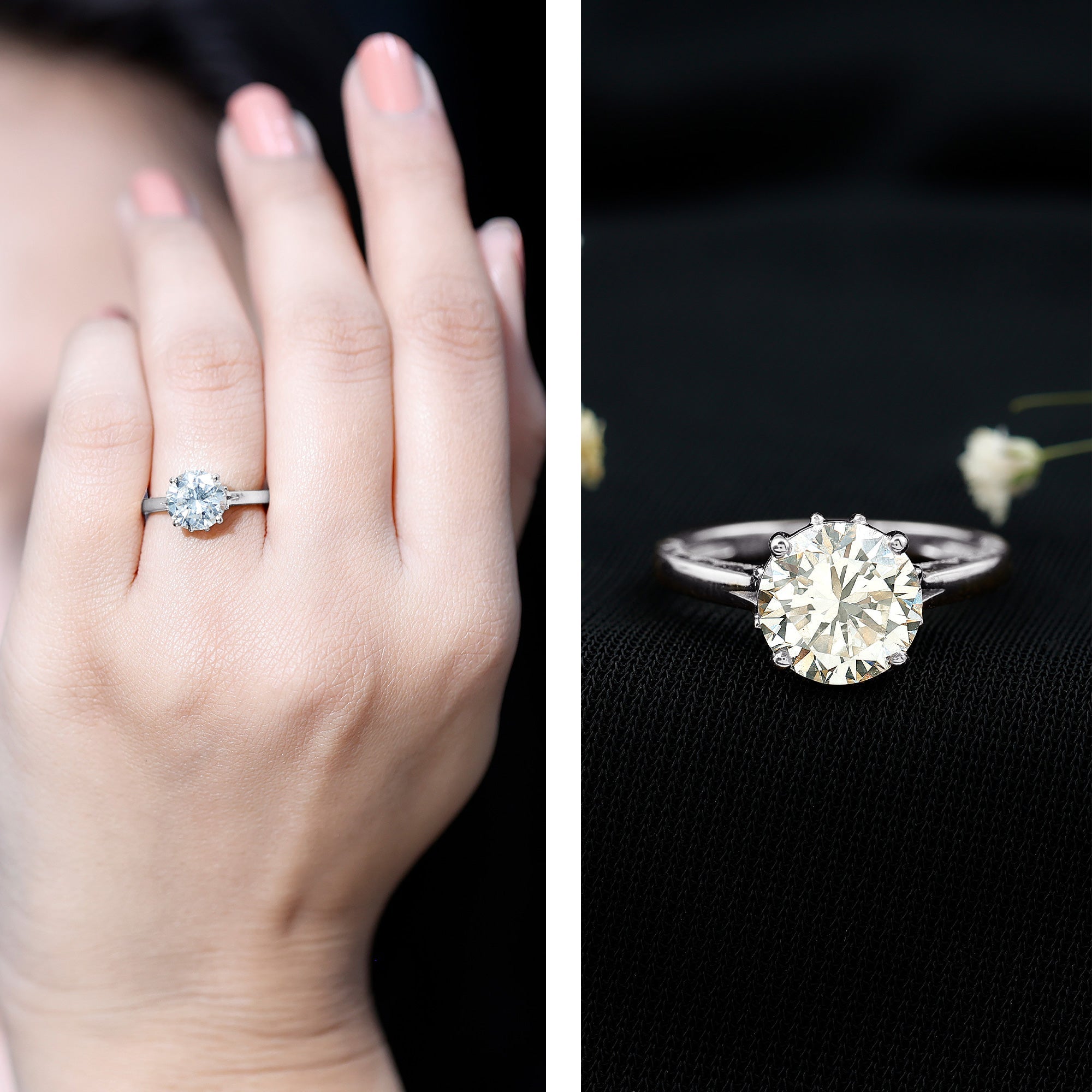 8 MM Round Cut Moissanite Engagement Ring with Milgrain Detailing