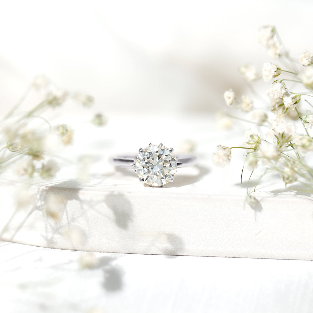 8 MM Round Cut Moissanite Engagement Ring with Milgrain Detailing