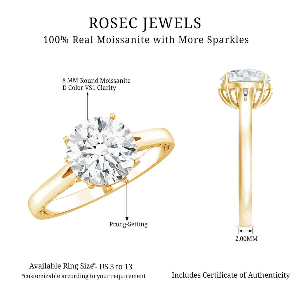8 MM Round Cut Moissanite Engagement Ring with Milgrain Detailing