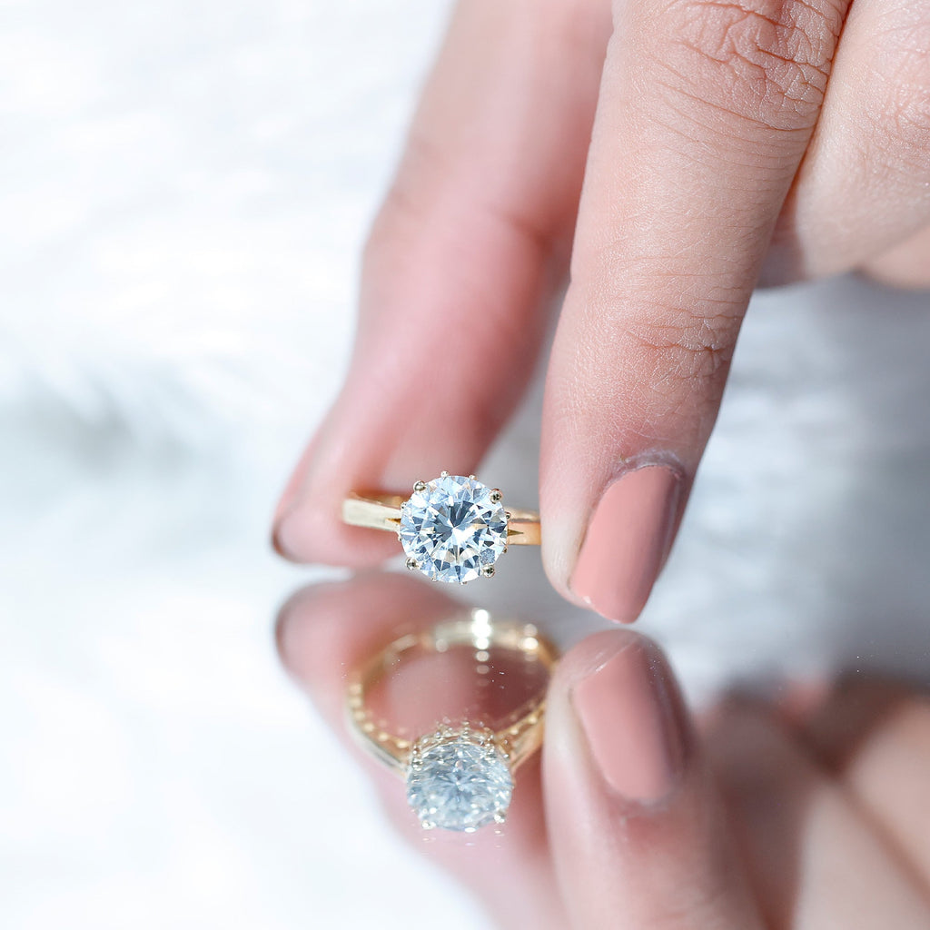 8 MM Round Cut Moissanite Engagement Ring with Milgrain Detailing