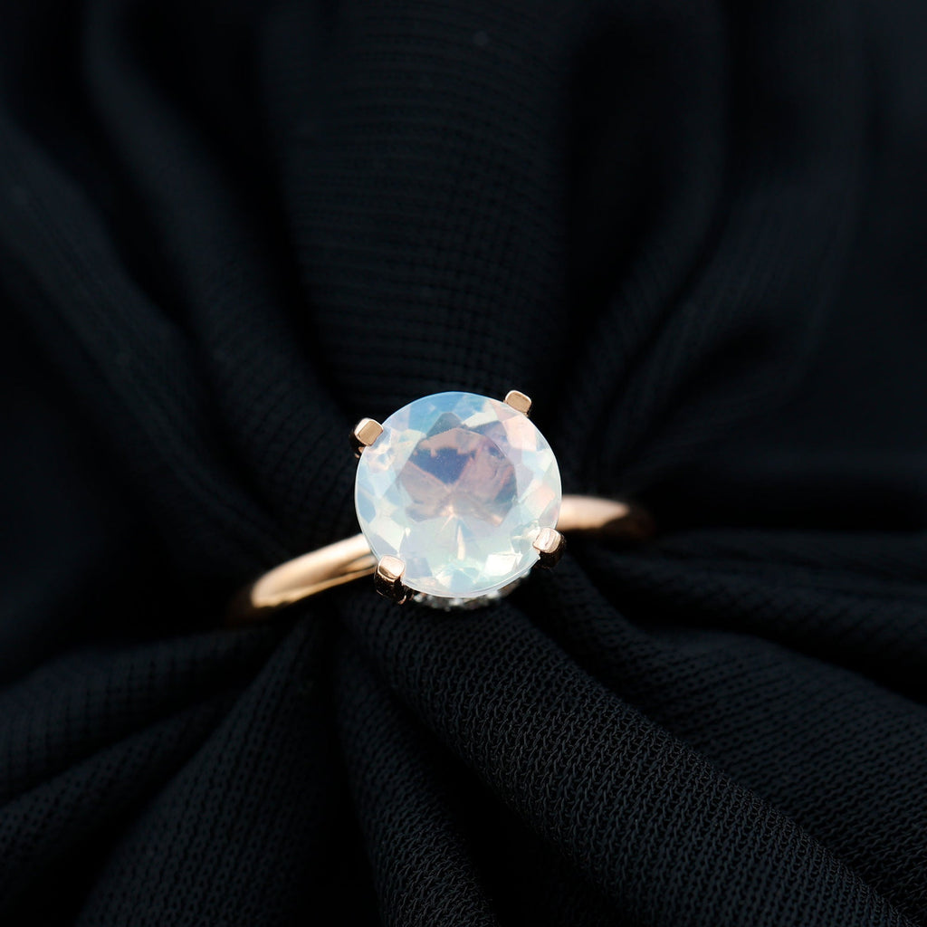 Genuine 8mm Opalescent Hidden Halo Engagement Ring with Diamond