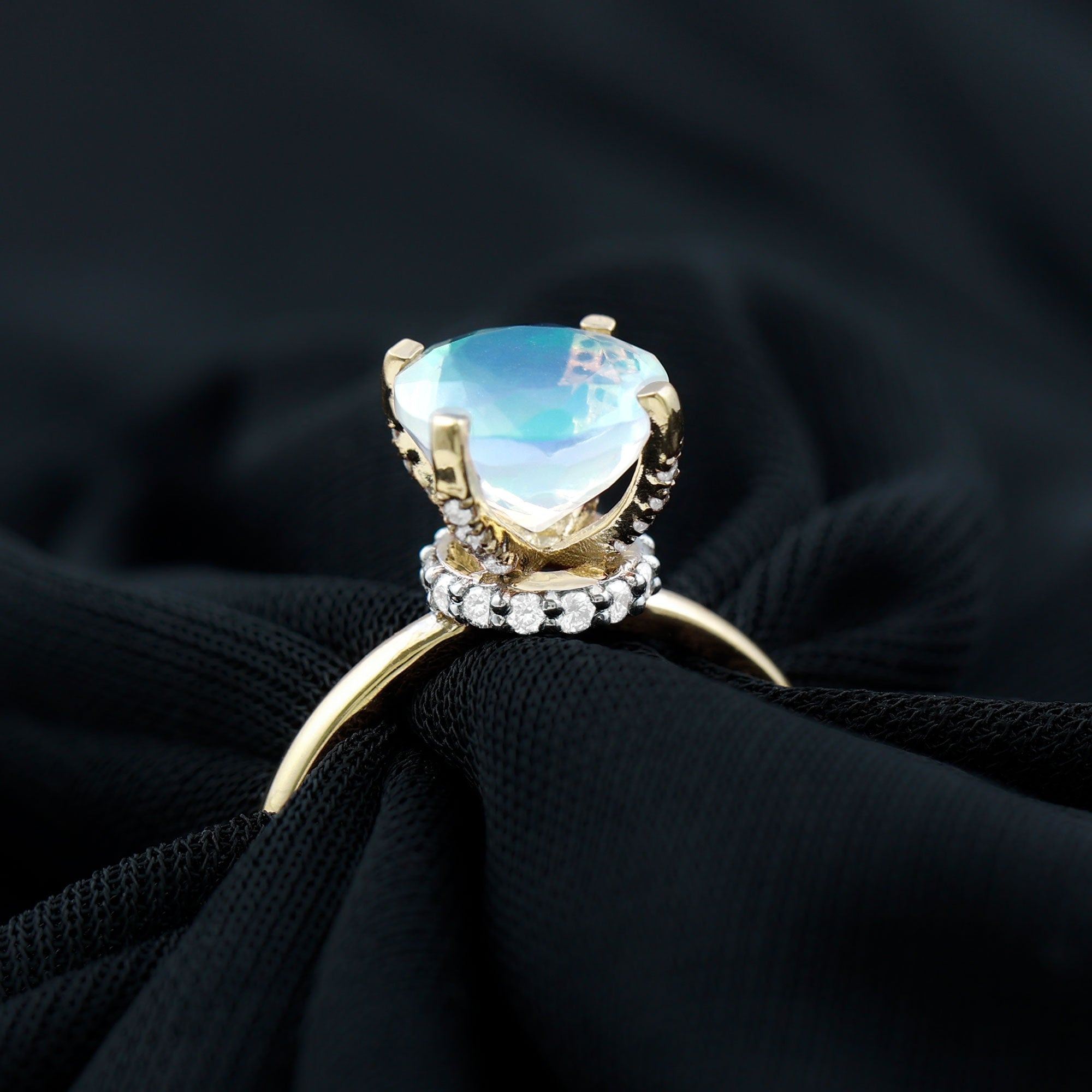 Genuine 8mm Opalescent Hidden Halo Engagement Ring with Diamond