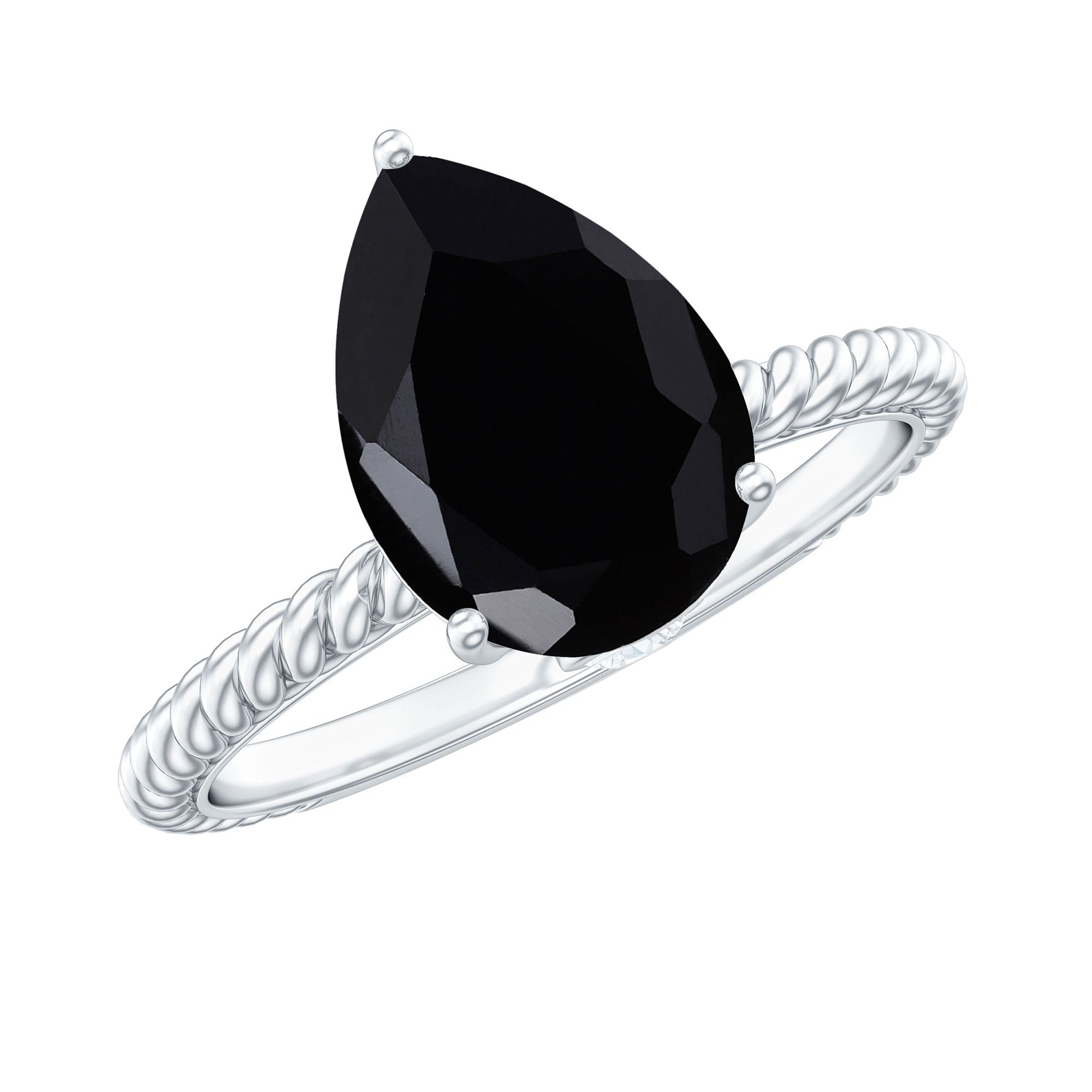 Created Black Diamond and Moissanite Teardrop Ring with Twisted Rope Band
