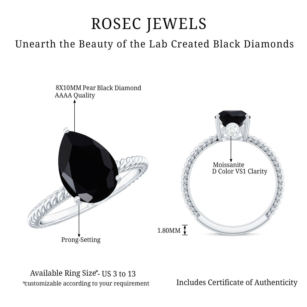 Created Black Diamond and Moissanite Teardrop Ring with Twisted Rope Band