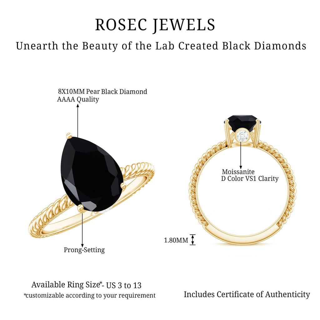 Created Black Diamond and Moissanite Teardrop Ring with Twisted Rope Band