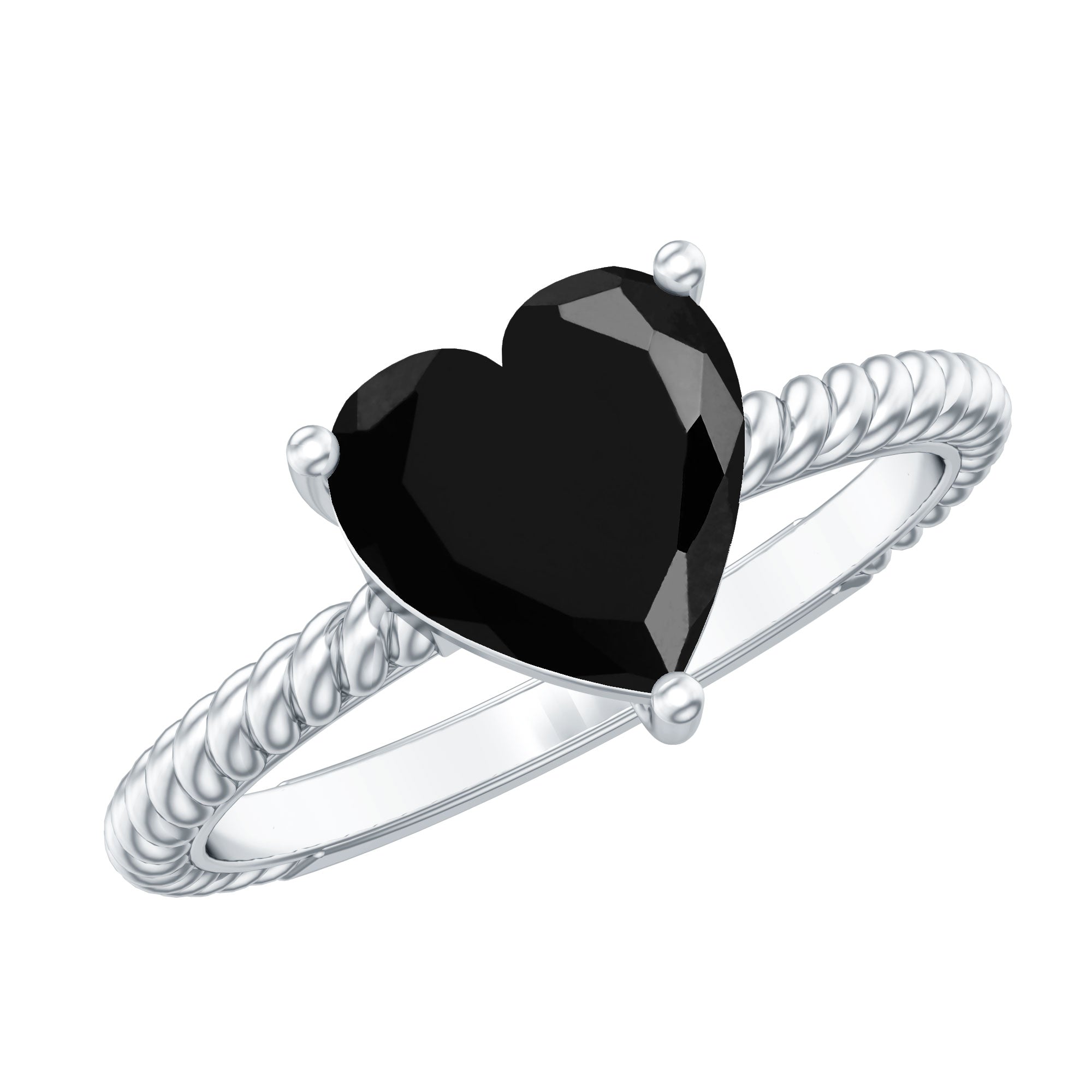 8 MM Heart Shape Created Black Diamond Solitaire Gold Rope Ring