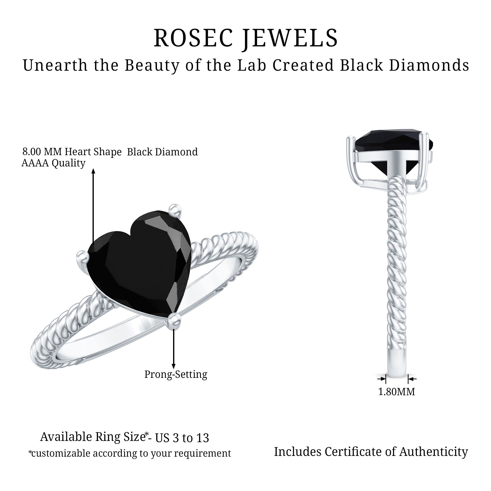 8 MM Heart Shape Created Black Diamond Solitaire Gold Rope Ring