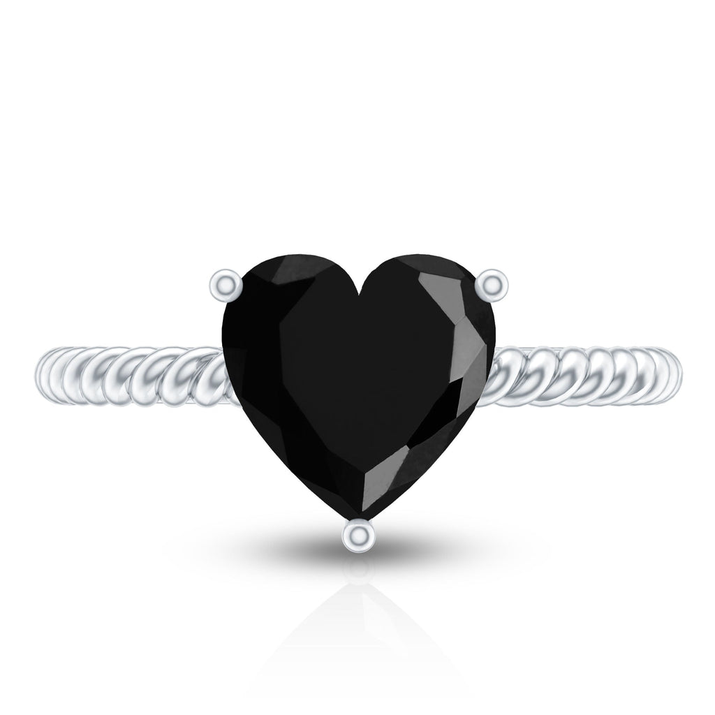 8 MM Heart Shape Created Black Diamond Solitaire Gold Rope Ring