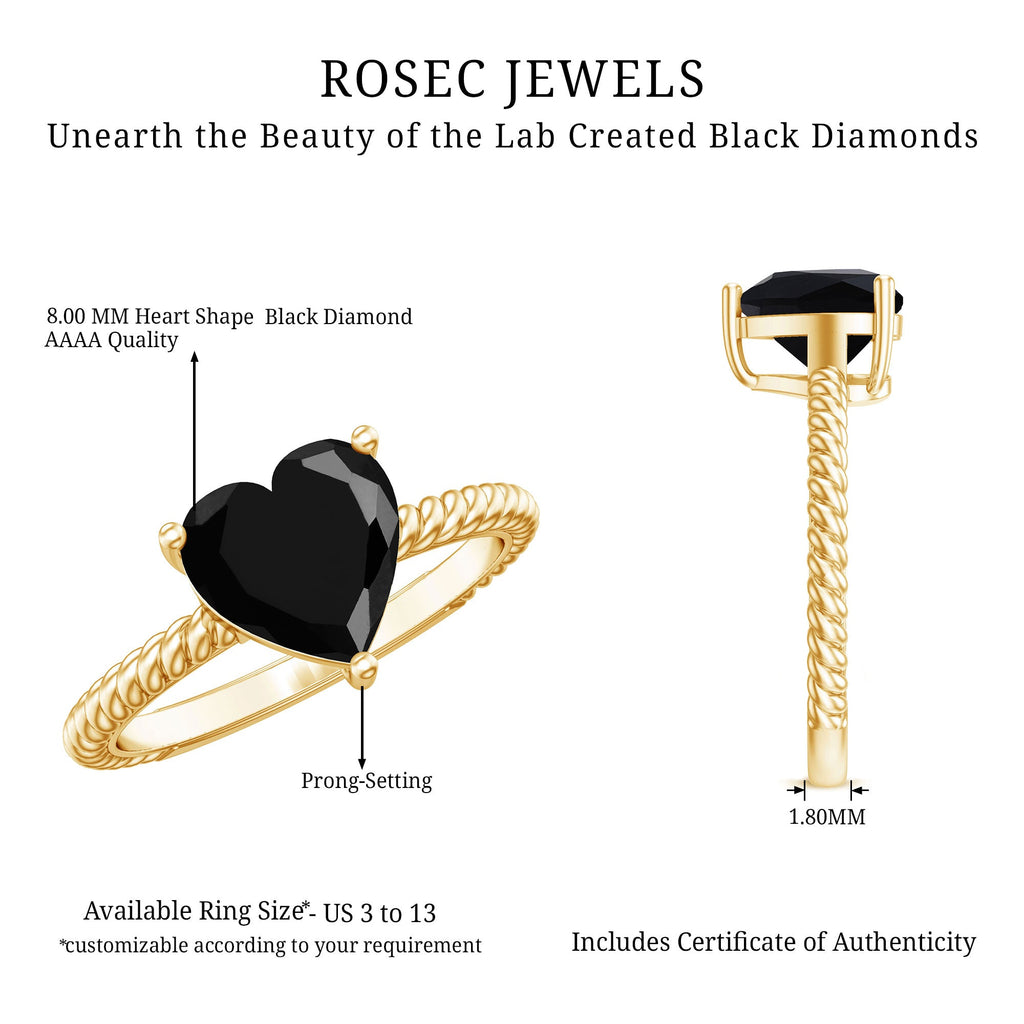 8 MM Heart Shape Created Black Diamond Solitaire Gold Rope Ring