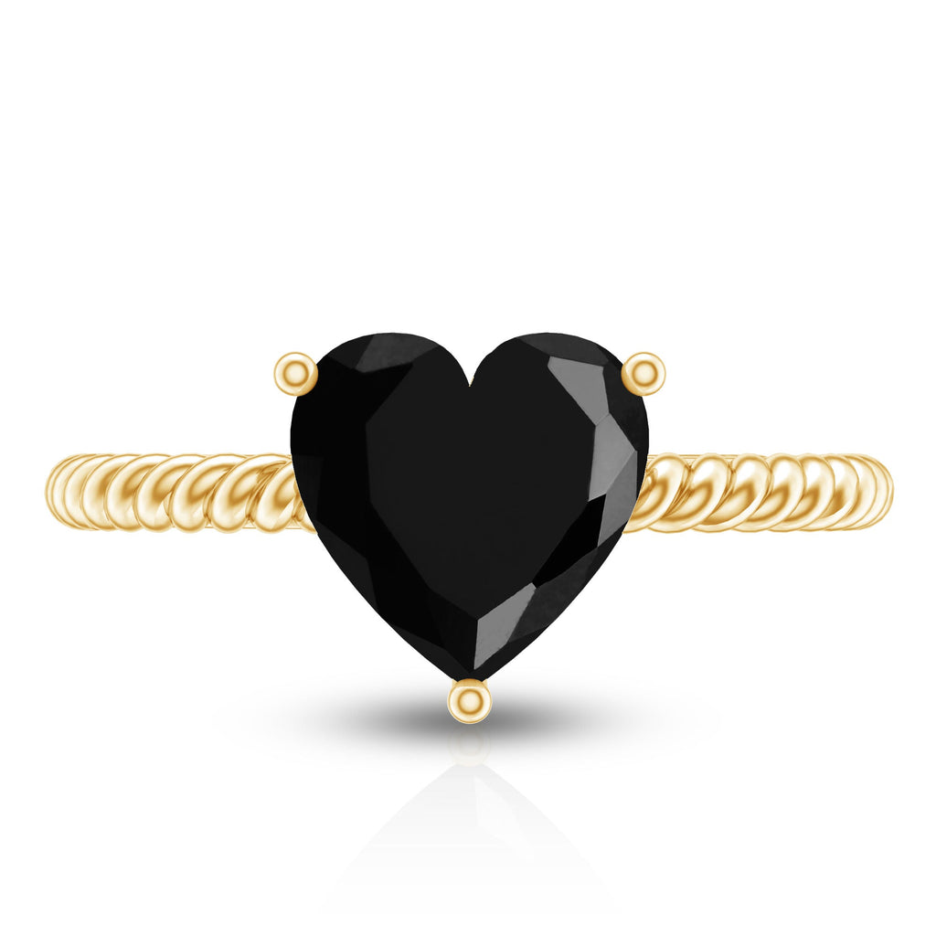 8 MM Heart Shape Created Black Diamond Solitaire Gold Rope Ring