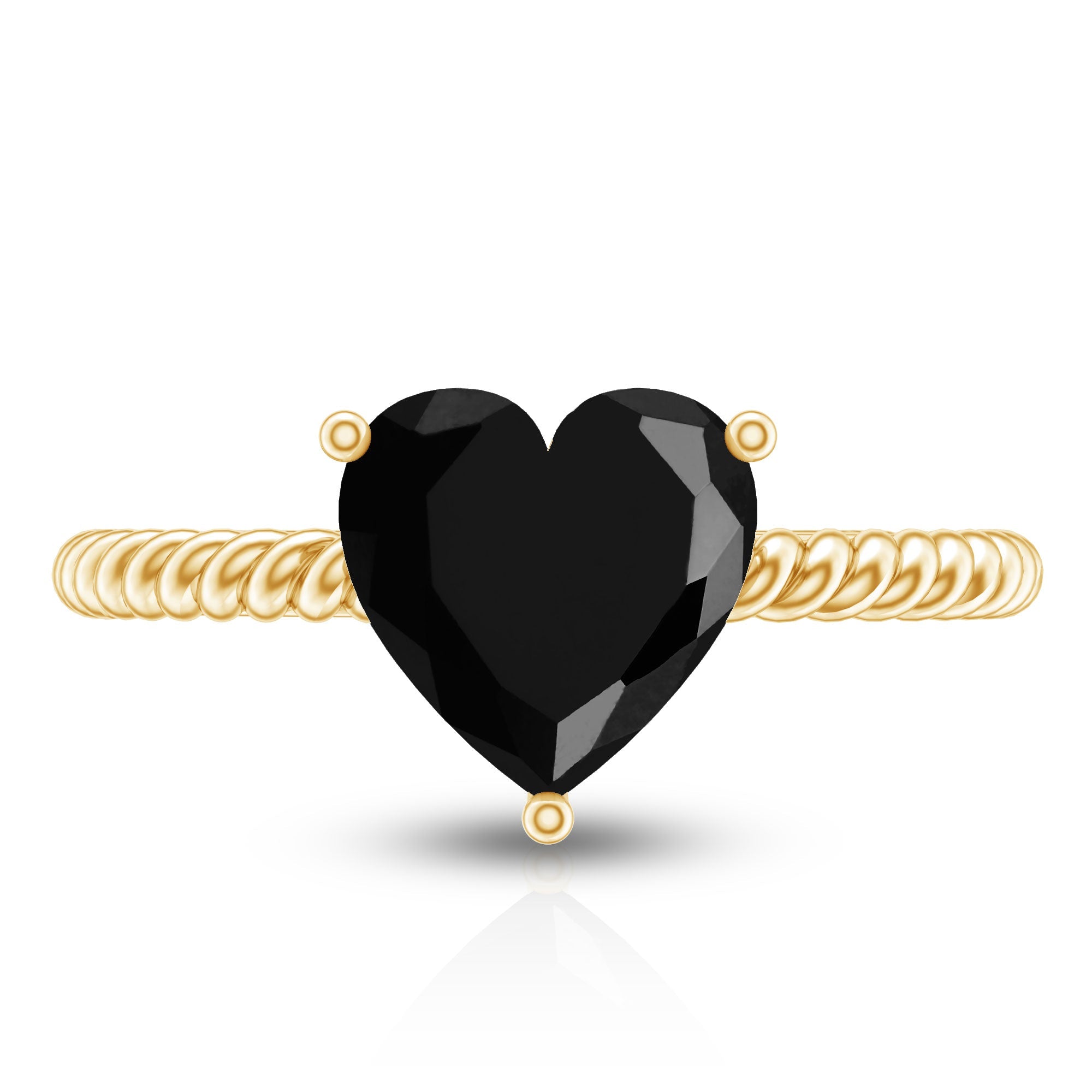 8 MM Heart Shape Created Black Diamond Solitaire Gold Rope Ring