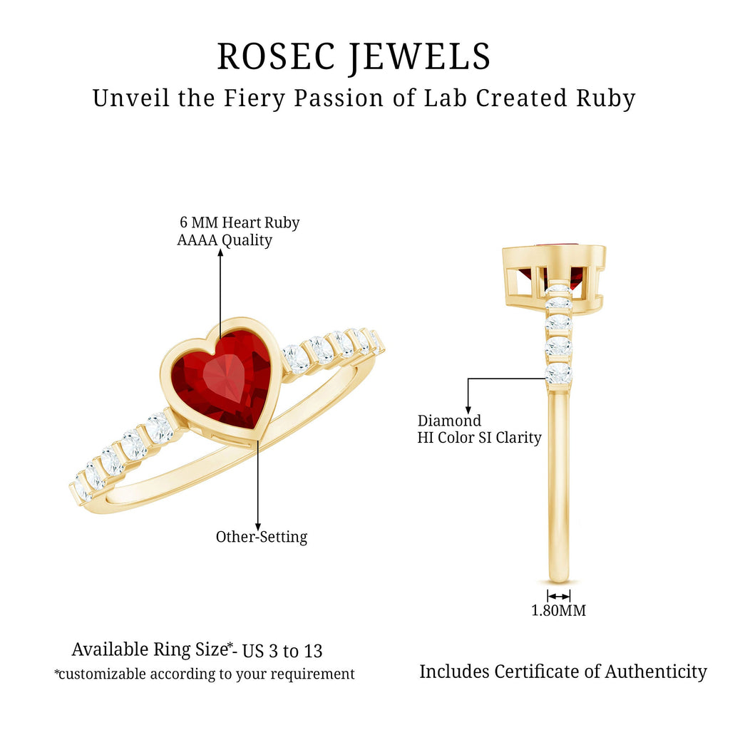 1 CT Heart Shape Created Ruby Solitaire Engagement Ring with Diamond