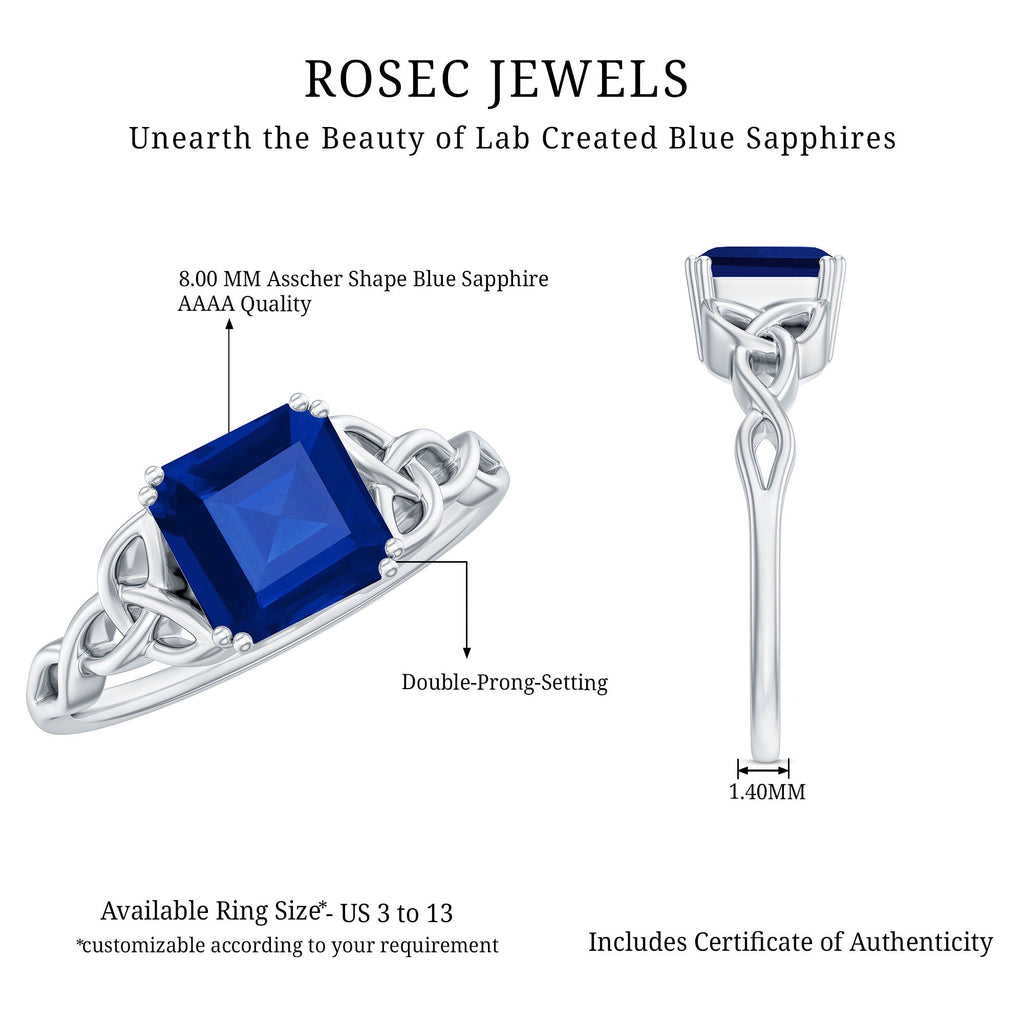 Certified 4 Carat Asscher Cut Lab Created Blue Sapphire Celtic Knot Engagement Ring