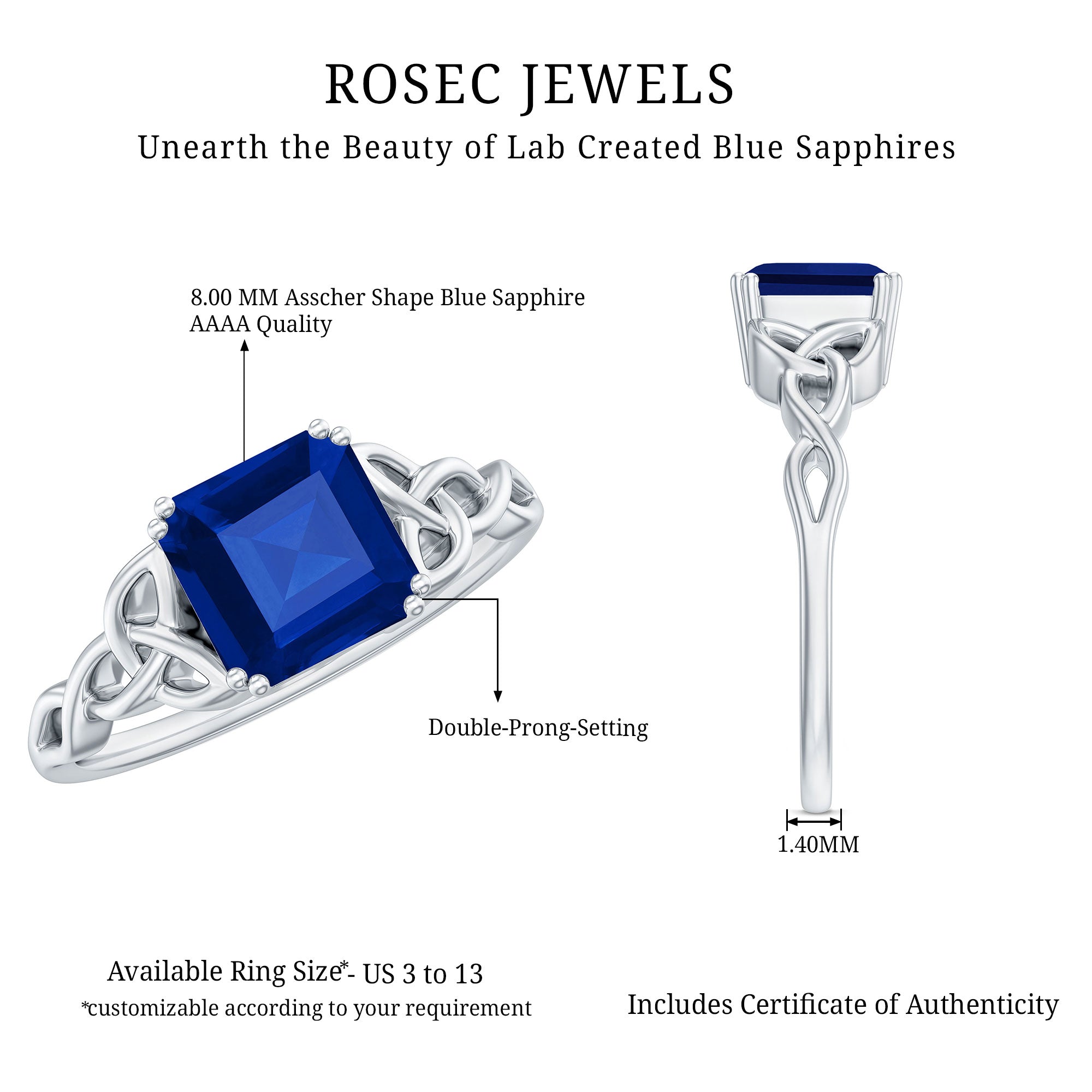 Certified 4 Carat Asscher Cut Lab Created Blue Sapphire Celtic Knot Engagement Ring