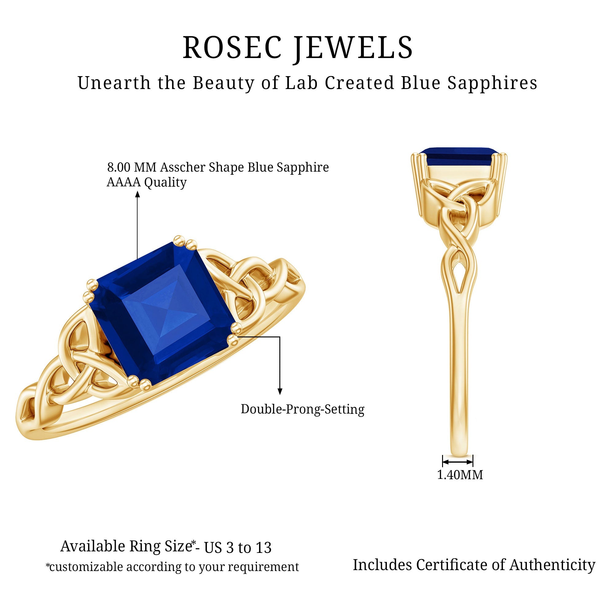 Certified 4 Carat Asscher Cut Lab Created Blue Sapphire Celtic Knot Engagement Ring
