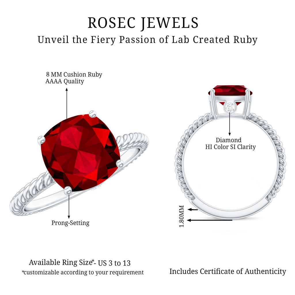 Solitaire Created Ruby and Diamond Ring with Twisted Rope Detailing