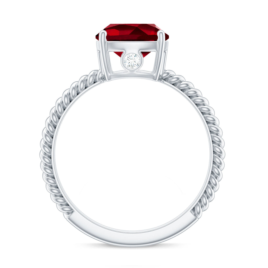 Solitaire Created Ruby and Diamond Ring with Twisted Rope Detailing