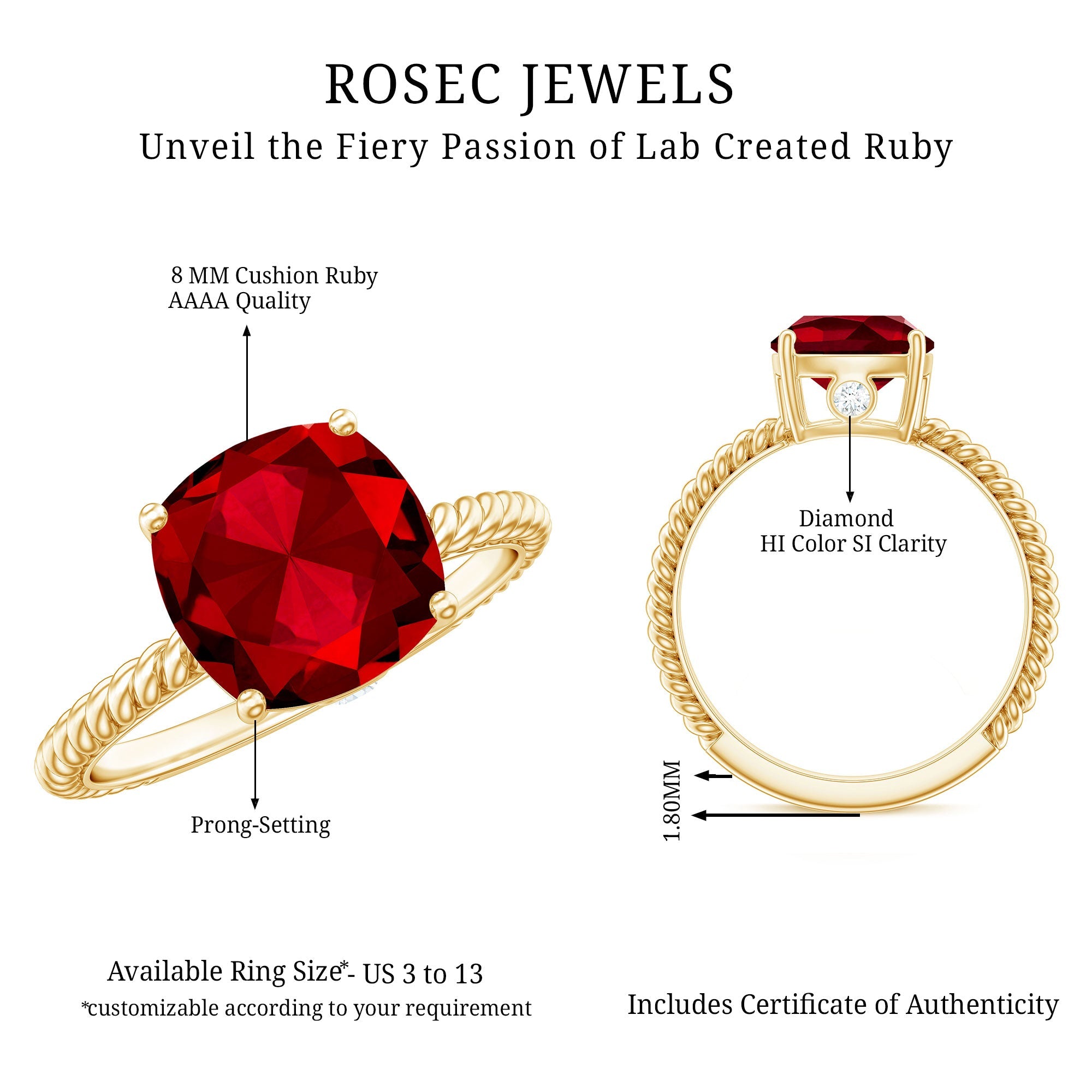Solitaire Created Ruby and Diamond Ring with Twisted Rope Detailing