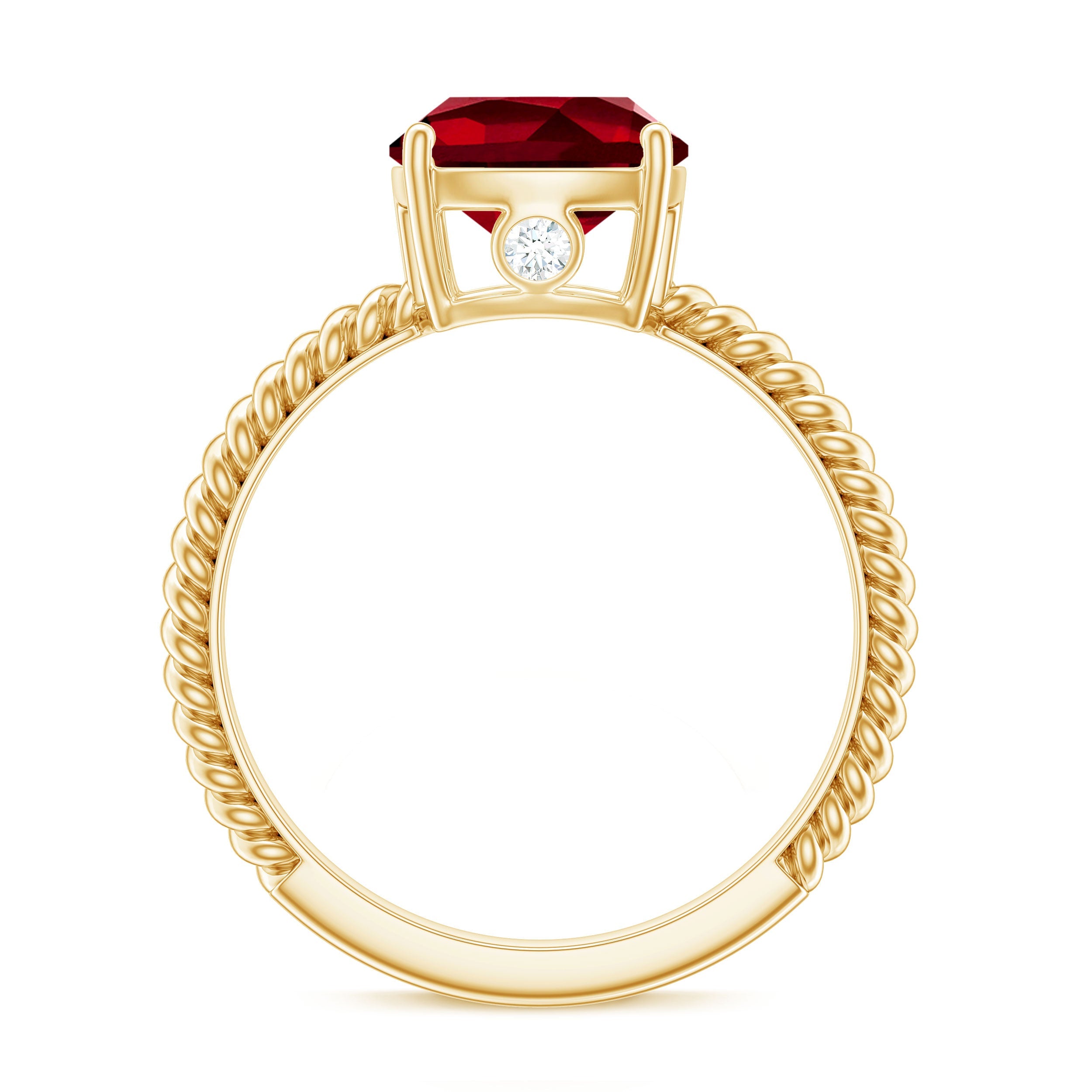 Solitaire Created Ruby and Diamond Ring with Twisted Rope Detailing