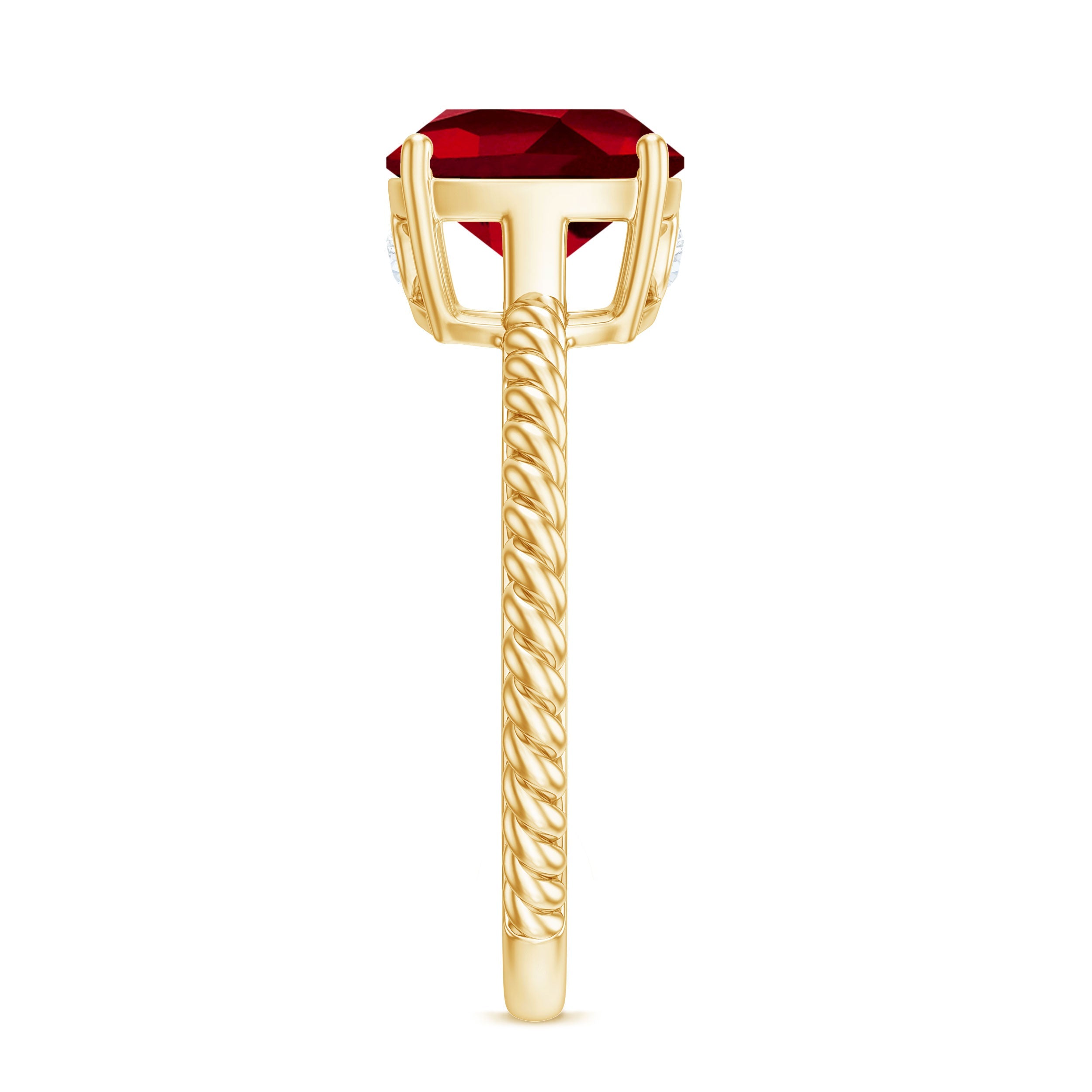 Solitaire Created Ruby and Diamond Ring with Twisted Rope Detailing