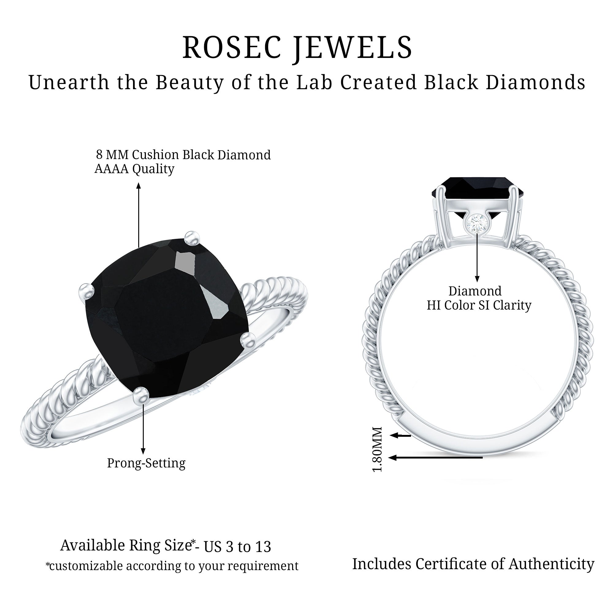 Solitaire Ring with Cushion Cut Created Black Diamond and Surprise Diamond