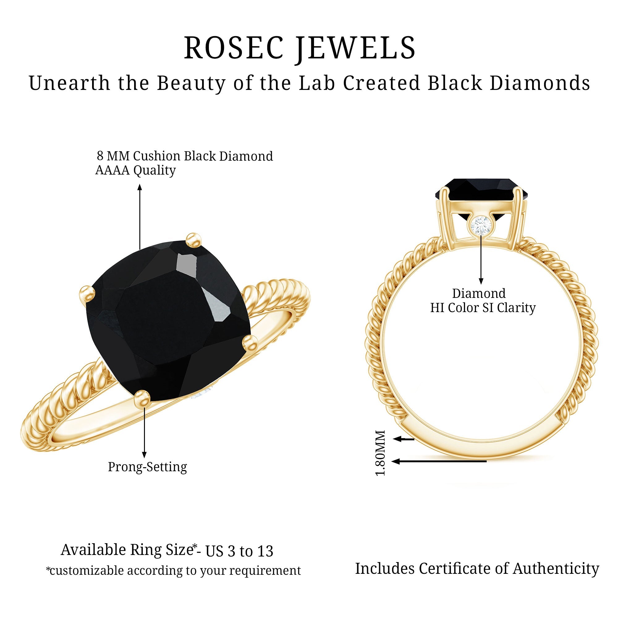 Solitaire Ring with Cushion Cut Created Black Diamond and Surprise Diamond