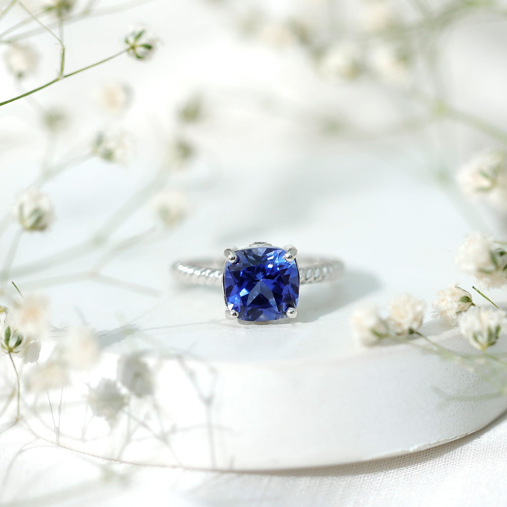 Cushion Cut Created Blue Sapphire Solitaire Ring with Surprise Diamond