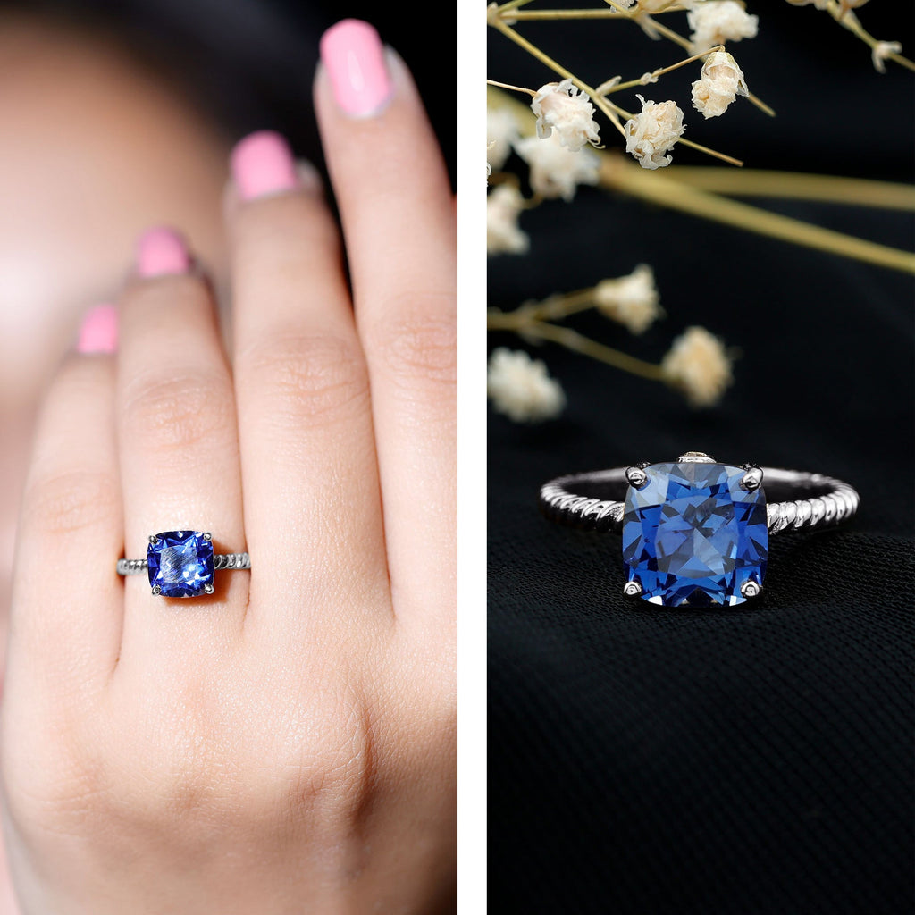 Cushion Cut Created Blue Sapphire Solitaire Ring with Surprise Diamond
