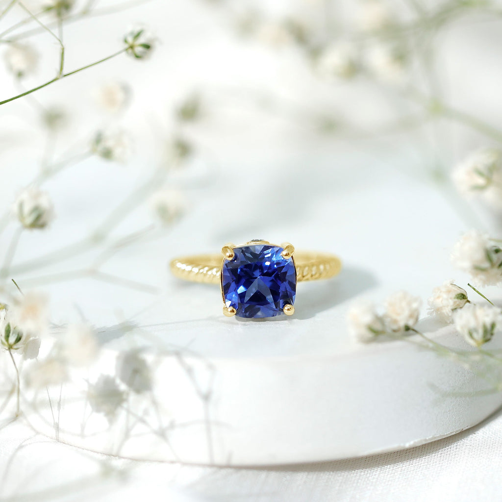 Cushion Cut Created Blue Sapphire Solitaire Ring with Surprise Diamond