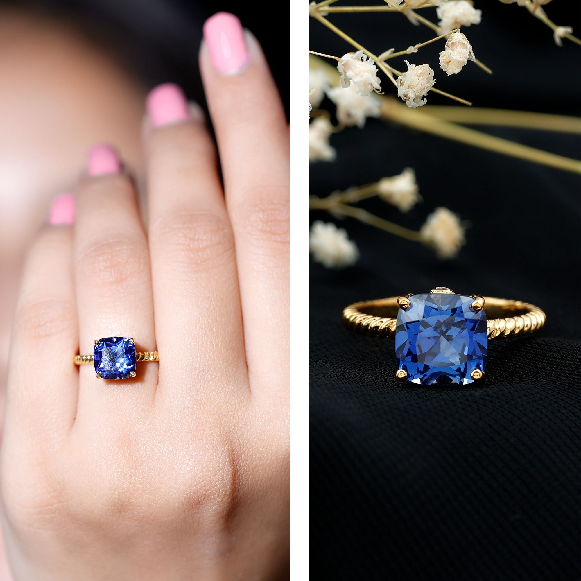 Cushion Cut Created Blue Sapphire Solitaire Ring with Surprise Diamond