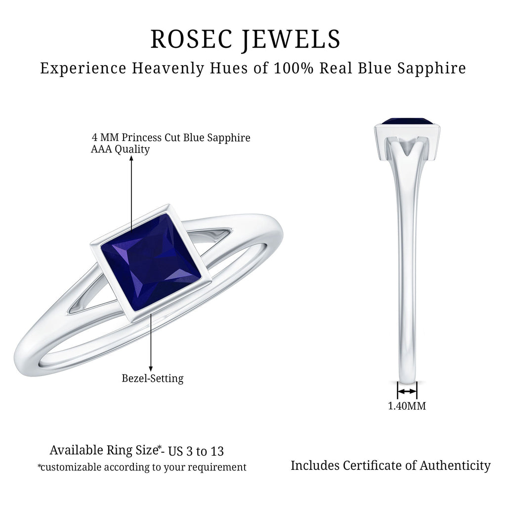 Princess Cut Blue Sapphire Solitaire Promise Ring in Split Shank