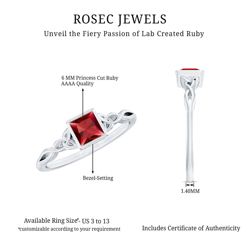 Princess Cut Solitaire Created Ruby Celtic Knot Ring in Bezel Setting