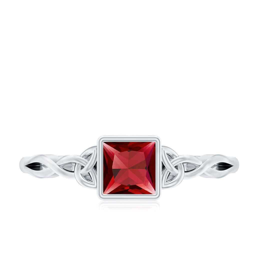 Princess Cut Solitaire Created Ruby Celtic Knot Ring in Bezel Setting