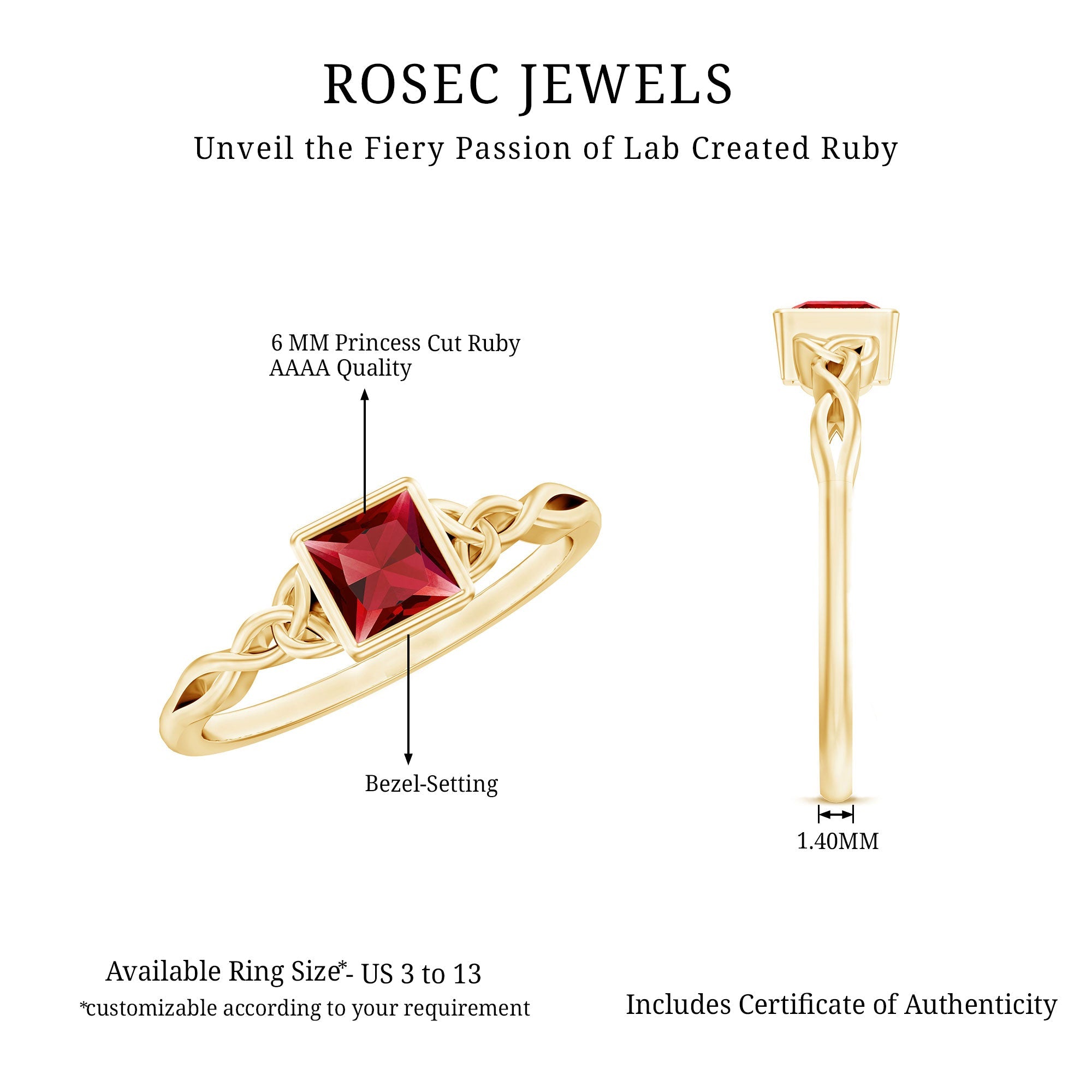Princess Cut Solitaire Created Ruby Celtic Knot Ring in Bezel Setting