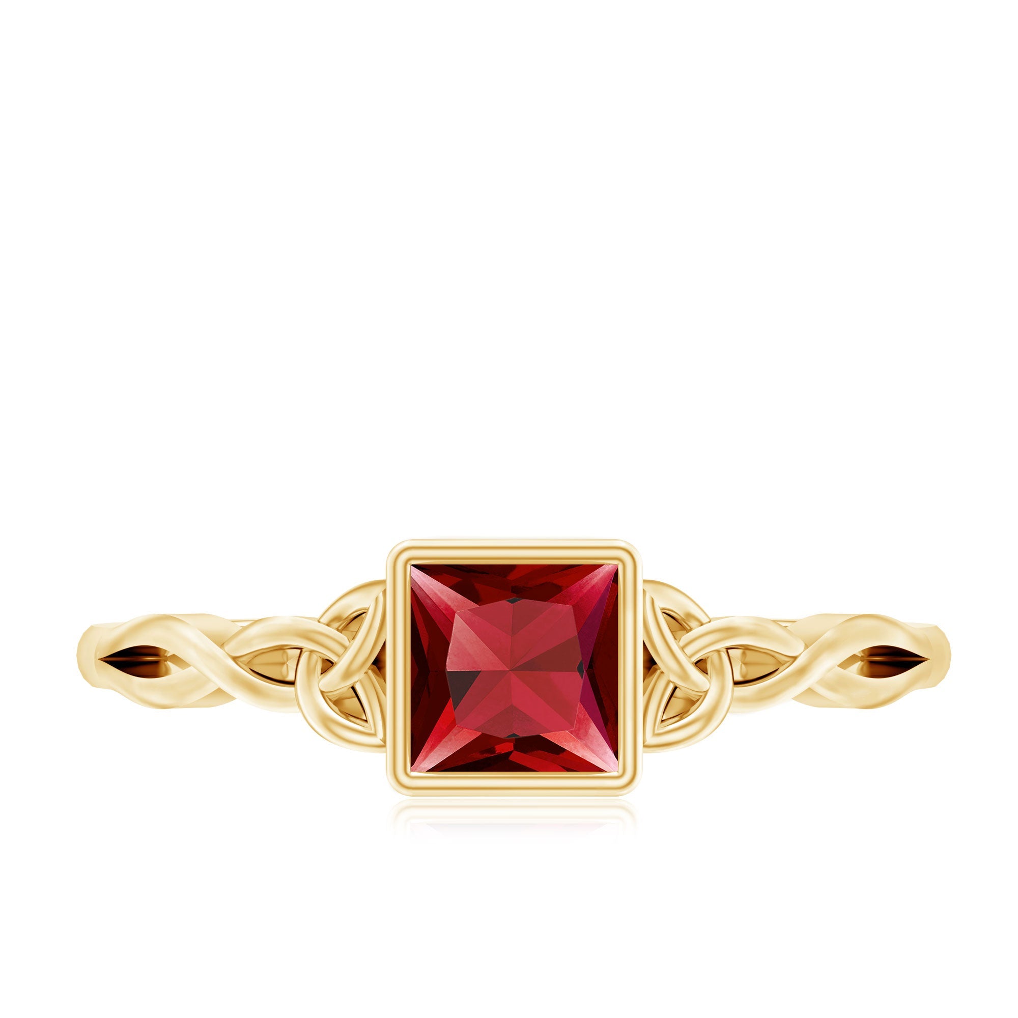 Princess Cut Solitaire Created Ruby Celtic Knot Ring in Bezel Setting