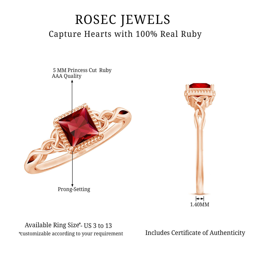 Princess Cut Ruby Solitaire Ring with Celtic Detail