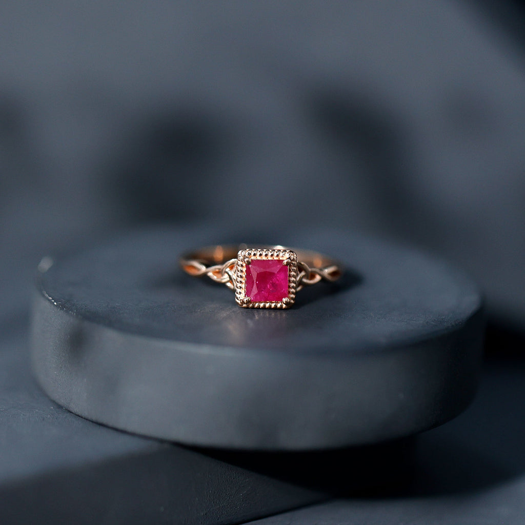 Princess Cut Ruby Solitaire Ring with Celtic Detail