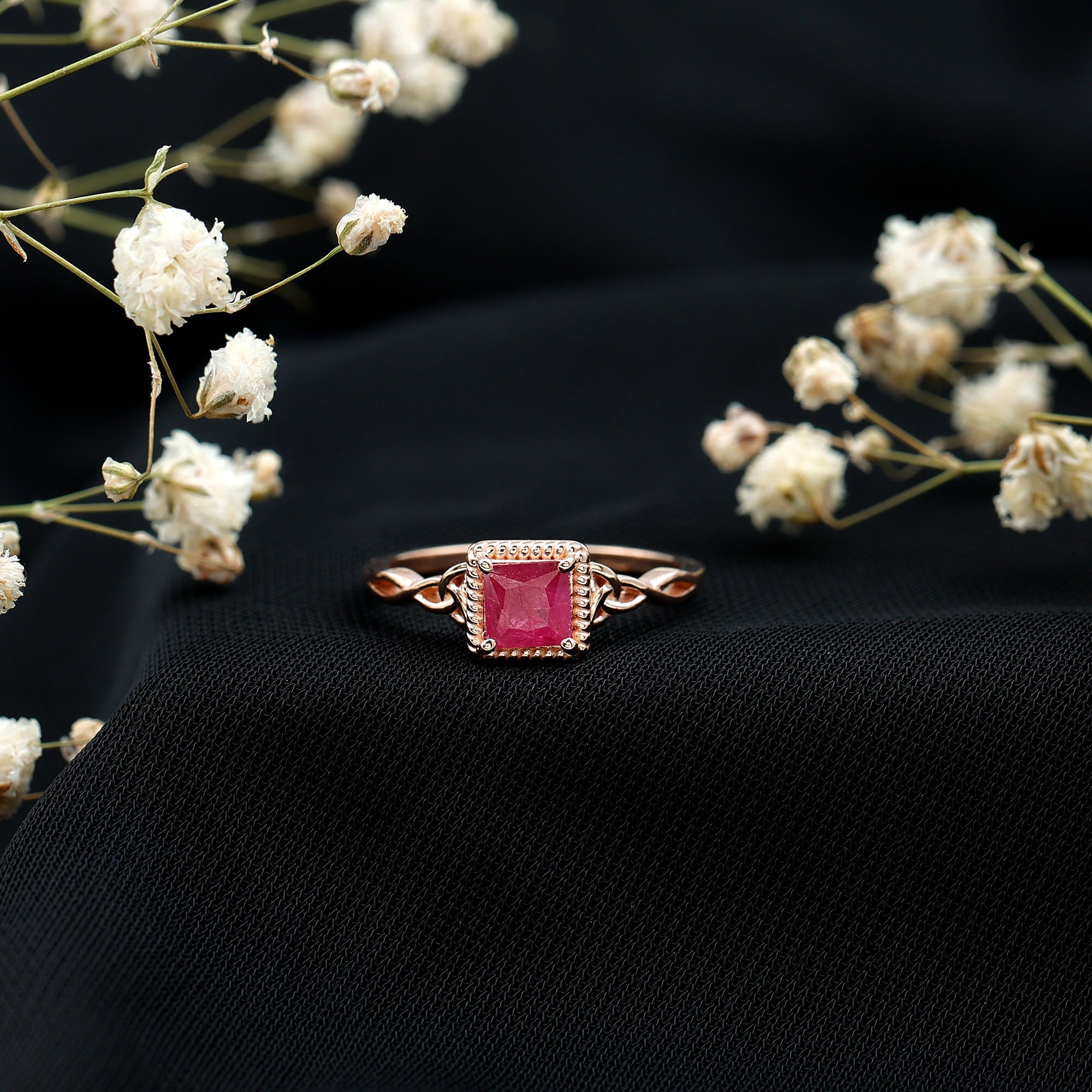 Princess Cut Ruby Solitaire Ring with Celtic Detail